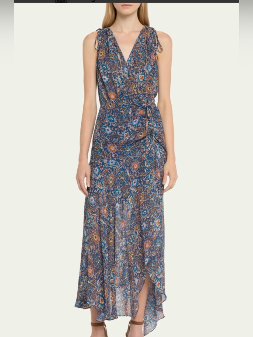 NWT Veronica Beard Dovima 100% Silk Floral Ruched Midi Dress Blue White Sz 4